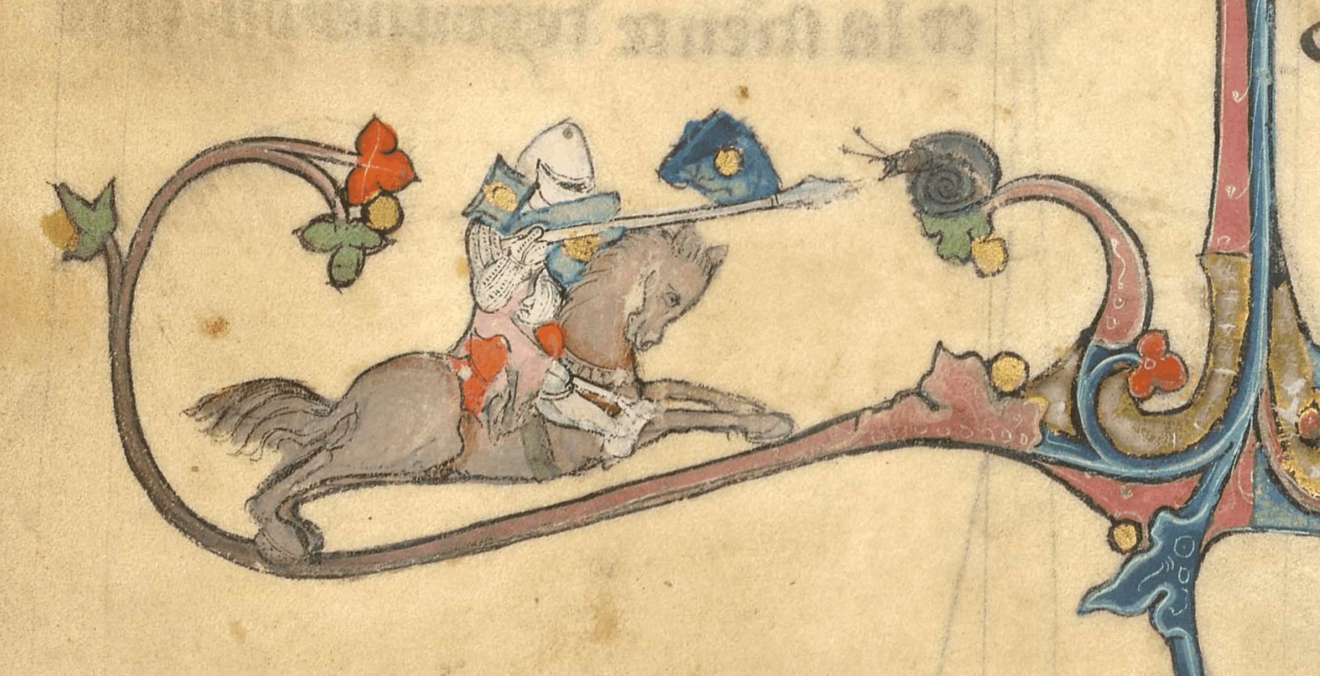 A medieval marginalia depicting a knight jousting a snail. From Brunetto Latini's Li Livres dou Tresor, France (Picardy), c. 1315-1325, Yates Thompson MS 19, f. 65r